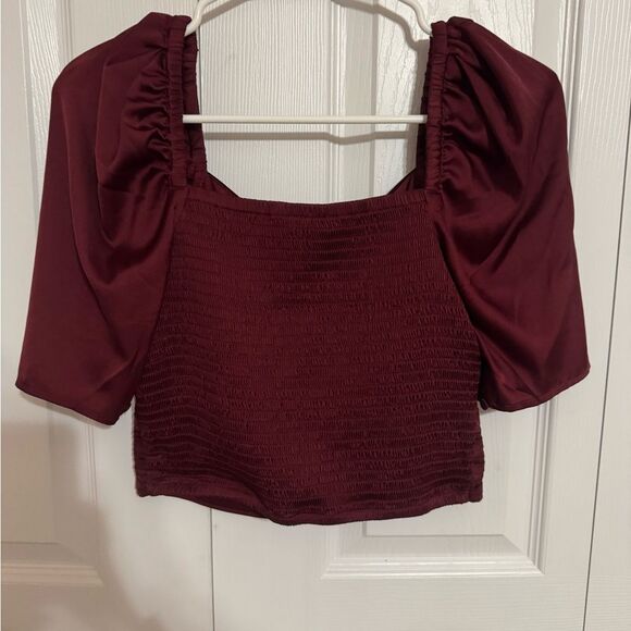 Express Burgundy Ruched Puff Sleeve Crop Top – Size Small - Picture 4 of 5